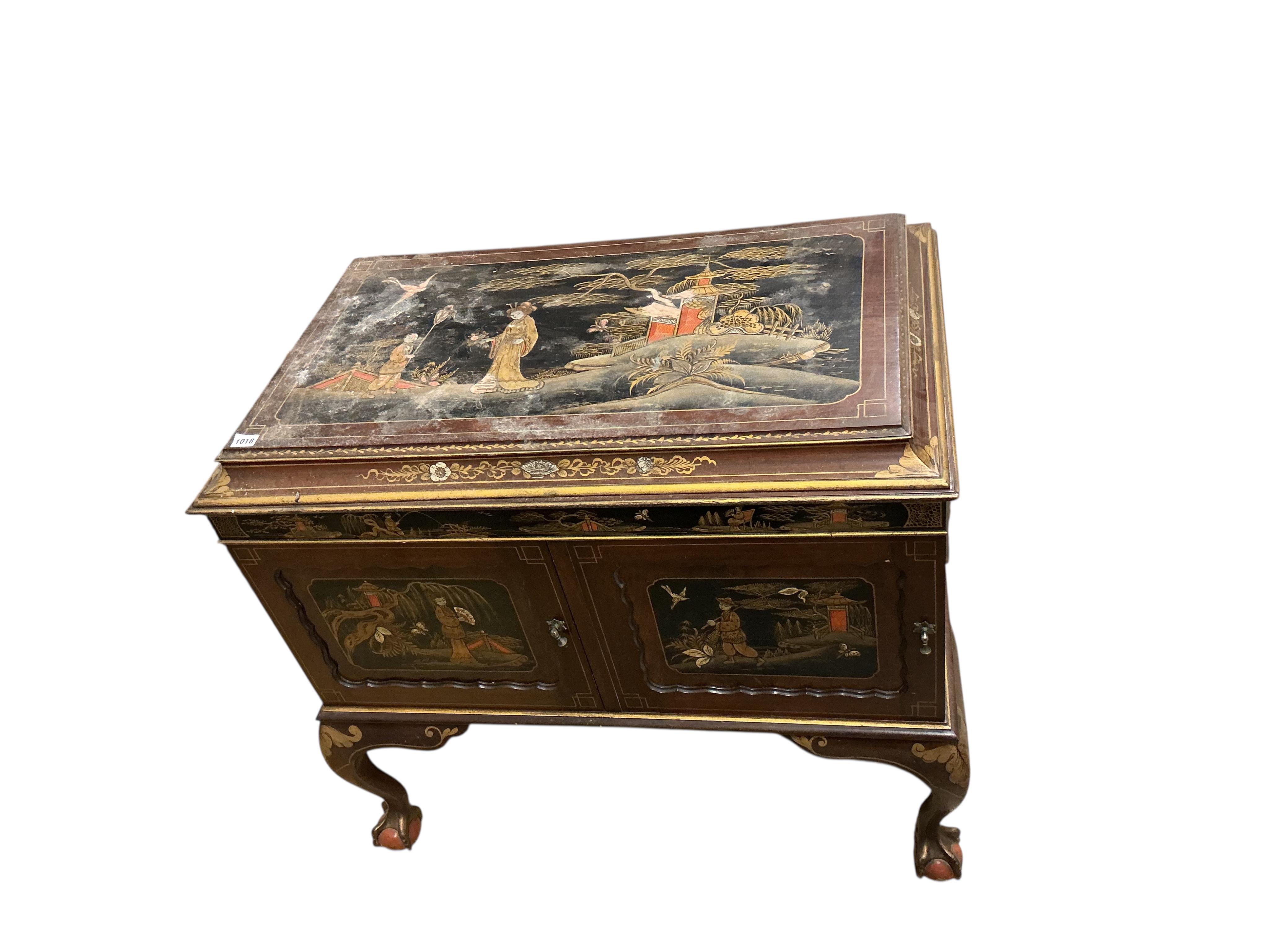 An early 20th century chinoiserie lacquer Duophone cabinet gramophone, width 94cm, depth 57cm, height 86cm